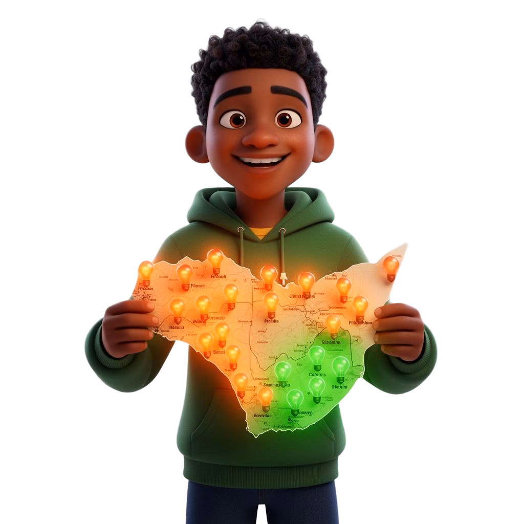 South African man holding a glowing map of South Africa with fibre coverage pins