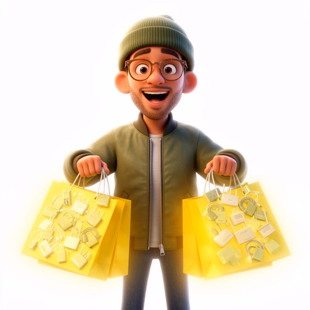 3D illustration of a happy fibre deals shopper holding shopping bags