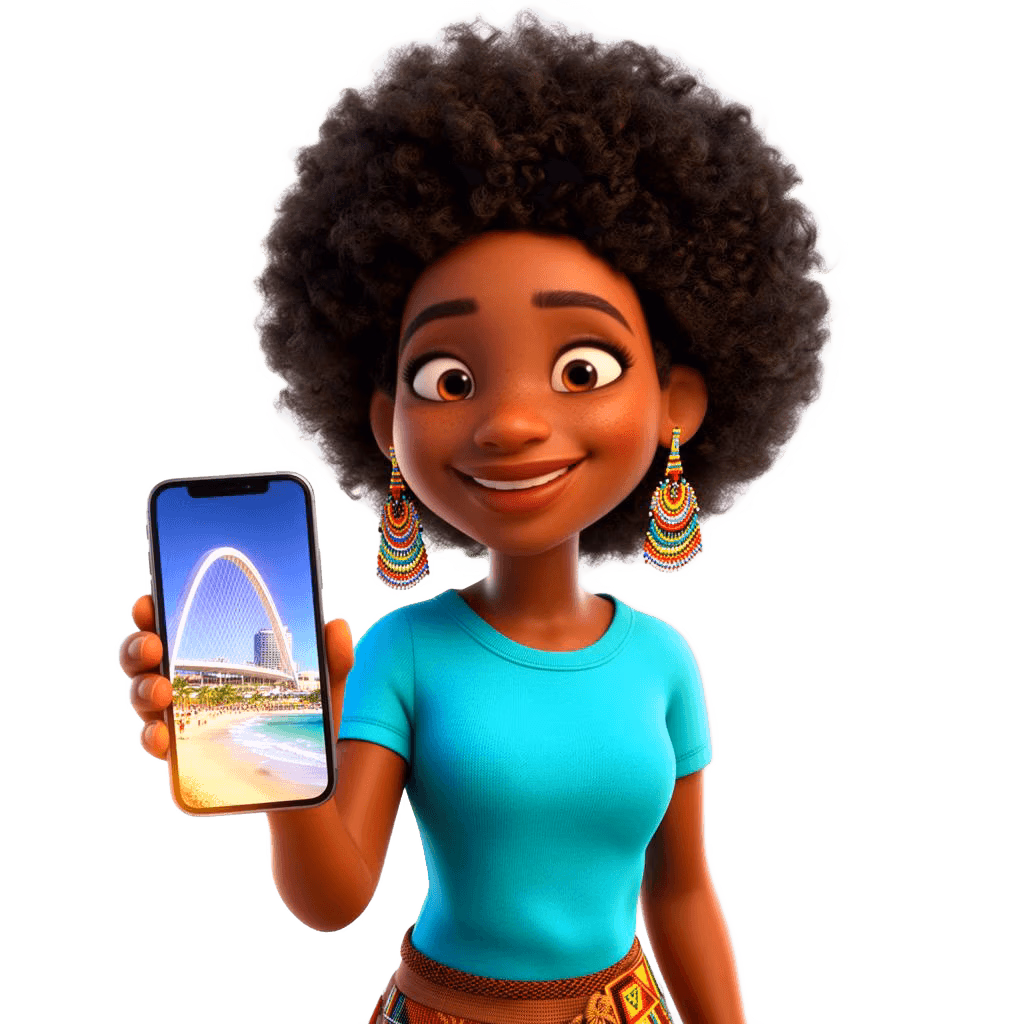 3D character with Durban beachfront representing Durban fibre coverage