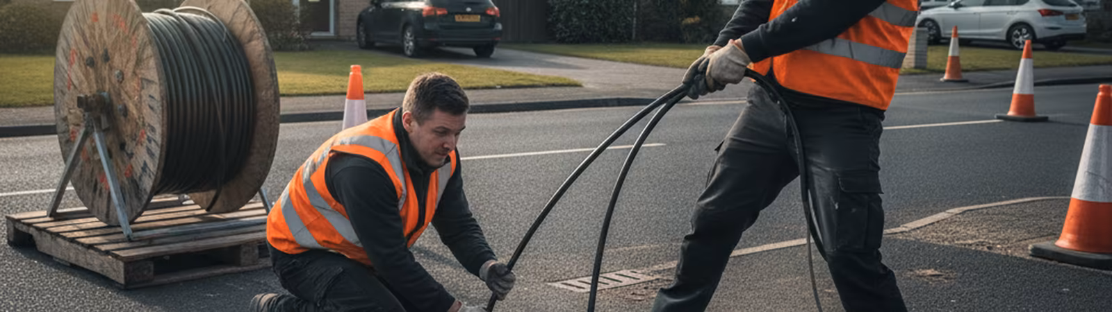 Two technicians pulling fibre cable through a duct